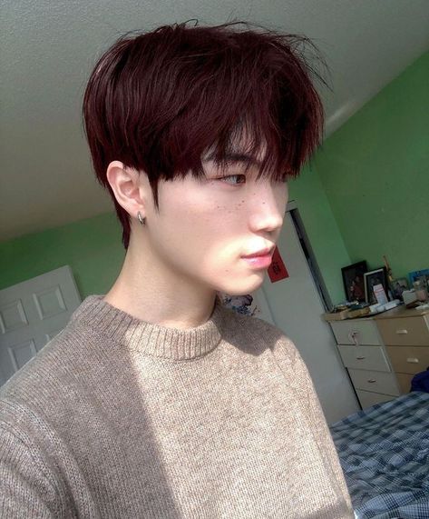 Men Dye Hair Ideas, Black Cherry Hair Color Men, Guys With Dark Red Hair, Red Hair Asian Men, Black Root Red Hair, Man Hair Dye Ideas, Asian Men Hair Dye, Hair Color Ideas For Black Hair Men, Maroon Hair Men