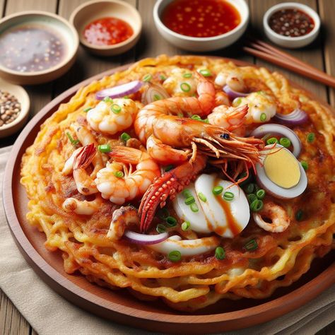 Haemul Pajeon: Seafood Pancake Extravaganza Haemul Pajeon, Seafood Pancake, Korean Restaurant, Korean Dishes, Pancakes Easy, Anime Food, Meat Pie, Pancake Batter, Festive Treats