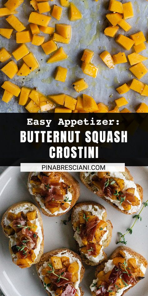 Easy crostini with butternut squash, ricotta, speck and fresh thyme. #pinacooks #crostini Squash Crostini, Butternut Squash Ricotta, Easy Crostini, Appetizer Sweet, Butternut Squash Bacon, Ricotta Crostini, Crostini Appetizers, Butternut Squash Cubes, Roasted Squash