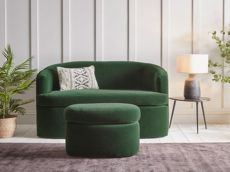 Two Seater Sofa, Curved Furniture, Green Armchair, Black Ottoman, Custom Made Furniture, Furniture Collections, Colorful Furniture, Furniture Arrangement, Furniture Fabric