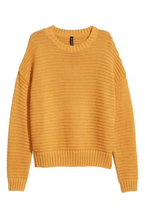 Mustard yellow. Jumper in a textured cotton-blend knit with dropped shoulders and ribbing around the neckline, cuffs and hem. Mustard Jumper, Textured Knit Sweater, Petite Sweaters, Trending Fashion Outfits, Boatneck Sweater, Forever 21 Sweater, Girl Sweatshirts, Textured Knit, Knit Jumper