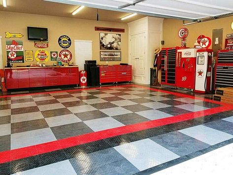 The floor of Hobbs' garage is from a company called RaceDeck. Made of modular polymer tiles that snap together, it is skid-proof and water resistant. Total cost to cover his two garages (one for three cars on one side of the house, and another for one car on the other side) was $3,600. Photo: Courtesy Ed Hobbs Garage Floor Ideas, Garage Boden, Garage Design Interior, Mobile Home Makeovers, Garage Floors, Heated Garage, Ultimate Garage, Garage Flooring, Mechanic Shop