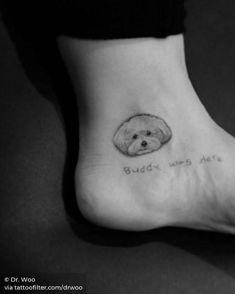 Demi Lovato's maltipoo dog 'Buddy' portrait tattoo on the ankle. Maltipoo Tattoo, Demi Lovato Tattoos, American Celebrities, Maltipoo Dog, Dr Woo, Meaningful Tattoo Quotes, Explore Tattoo, Animals Dogs, Ankle Tattoo