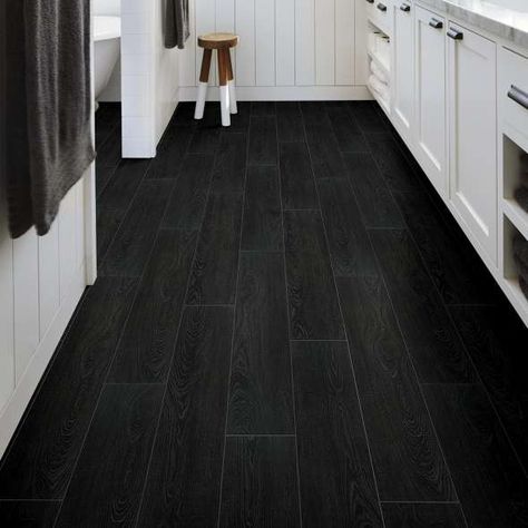 Black Tile Bathroom Floor, Black Laminate Flooring, Black Vinyl Flooring, Black Wood Floors, Black Tile Bathrooms, Grey Vinyl Flooring, Shaw Flooring, Dark Floors, Shaw Floors