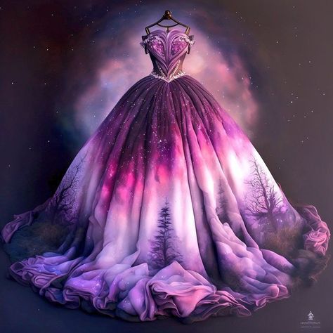 Hoop Dresses Ball Gowns, Magical Dresses Fairytale Prom, Fantasy Dress Purple, Royal Dresses Fantasy, Magical Dresses Fairytale, Royal Dress Aesthetic, Purple Fantasy Dress, Mystical Dresses, Galaxy Gown