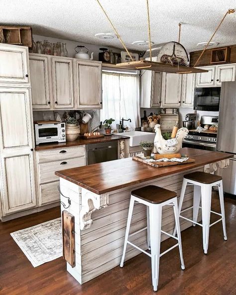 A recipe for the perfect modern farmhouse kitchen: a splash of a neutral color scheme, a hint of shiplap and industrial touches, a pinch of cozy Diy Kitchen Cabinets Makeover, Cabinet Painting, Rustic Kitchen Island, Rustic Kitchen Cabinets, Diy Kitchen Renovation, Farmhouse Kitchen Design, Rustic Farmhouse Kitchen, Kitchen Cabinets Makeover, Diy Kitchen Cabinets