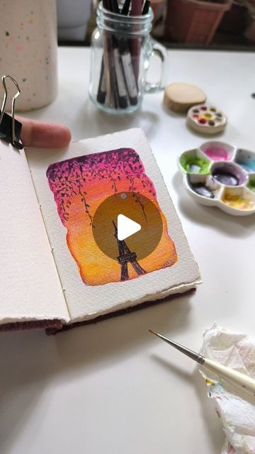 Samprity Ozah on Instagram: "Little Paris in my sketchbook. 🙂
.. 
. . 
#watercolorlandscapes  #nightskypaintings #sunsetpaintings #drawing_pigments #tempuradesign #watercolor_daily_guide #watercolorsketchbook #artreels #artreelsofindia #parispainting #minipaintings #cityscapepaintings #easyartreels #artprocessreel #paintings_everyday #eiffeltowerpainting #creativityexplode #easywatercolor" Eiffel Tower Painting, Paris Painting, Watercolor Sketchbook, My Sketchbook, Easy Watercolor, Sunset Painting, Mini Paintings, Easy Paintings, Night Skies