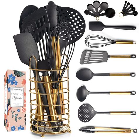 PRICES MAY VARY. ✔ BEAUTIFULLY DESIGNED AND CONVENIENT STARTER SET TO COMPLEMENT GOLD KITCHEN ACCESSORIES – eliminate multiple purchases and mismatched utensils; outfit your kitchen with this complete and cohesive 18-piece set of stylish gold kitchen utensils; includes black and gold tongs, skimmer, gold ladle, gold serving spoons, spatula turner, gold whisk, black spatula, black measuring cups and spoons set, and matching gold utensil holder to keep things organized. ✔ HIGH QUALITY MEETS HIGH S Gold Measuring Cups, Gold Kitchen Utensils, Black Kitchen Accessories, Black And Gold Kitchen, Gold Utensils, Gold Kitchen Accessories, Rainbow Kitchen, Silicone Utensil Set, Rose Gold Kitchen