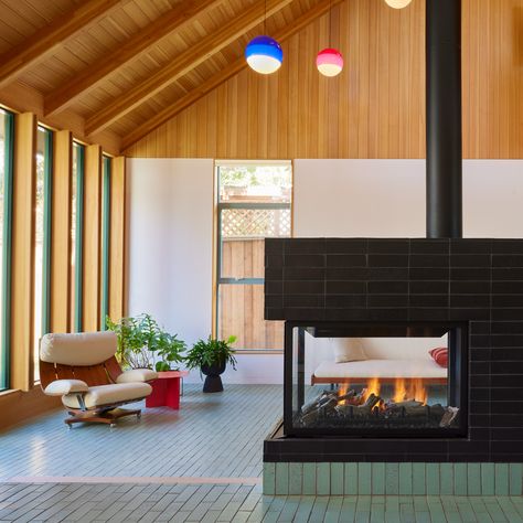 Two Sided Fireplace, Fireclay Tile, Midcentury Home, Interior Windows, Brick Flooring, Modern Bungalow, Beach Bungalows, Black Hills, California Homes