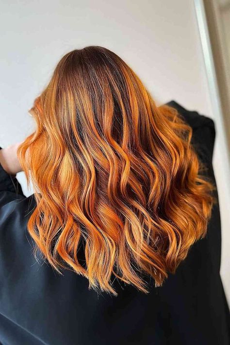 incredible-orange-highlights Burnt Orange Hair Dye, Orange Hair Highlights, Orange Hair Colors, Butterscotch Hair, Dark Orange Hair, Orange Hair Color, Orange Hair Dye, Yellow Hair Color, Orange Highlights