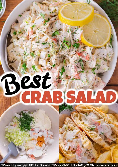 Made with mayo, imitation crab, and a few seasonings, this Creamy Crab Salad recipe is quick and easy to prepare and tastes better than what you can get at the store. Serve on croissants, lettuce wraps, and more. #saladrecipes #seafoodrecipes How To Make Crab Salad Recipes, Seafood Salad Recipes Cold, Quick Salads For Parties, Crab Salad Recipes Cold, Simple Crab Salad, Bariatric Crab Salad, Seafood Crab Salad, Creamy Crab Salad, Canned Crab Salad Recipe Easy