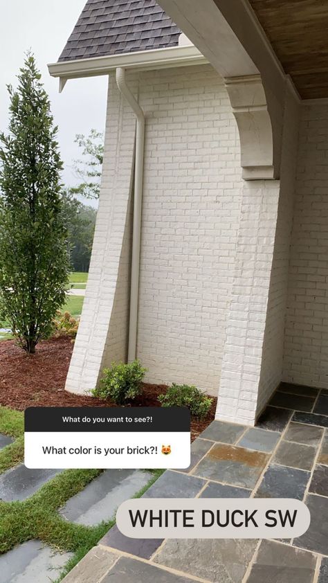 Outdoor Brick House Paint Colors, Adding Character To Your Home Exterior, Cream Ranch House Exterior, Tan Painted Brick House Exterior, Alabaster Brick Exterior, Tan Painted Brick, Creamy White House Exterior, White Brick Colors, Cream Exterior Paint