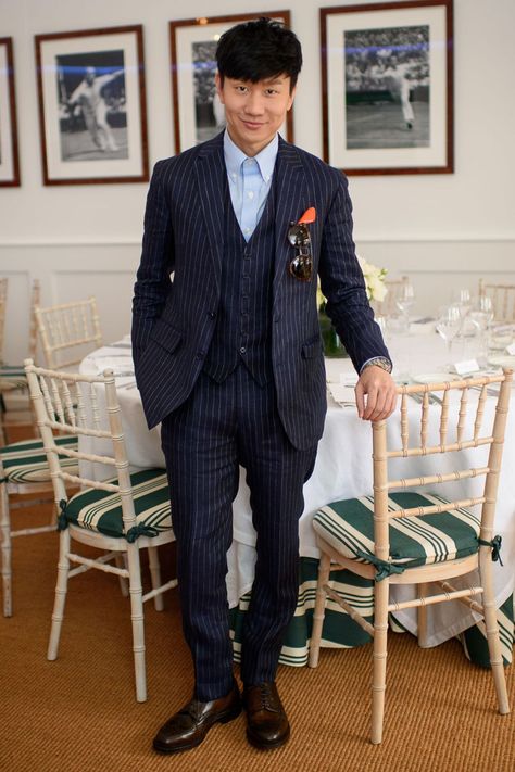 Pinstripes - not just for those in the Square Mile. Take your suit off the trading floor by going tieless.  [i]JJ Lin wears Polo Ralph Lauren.[/i] Trading Floor, Jj Lin, Best Dressed Man, Gq Magazine, Summer Suits, Chinese Boy, Wimbledon, Classic Man, Record Producer