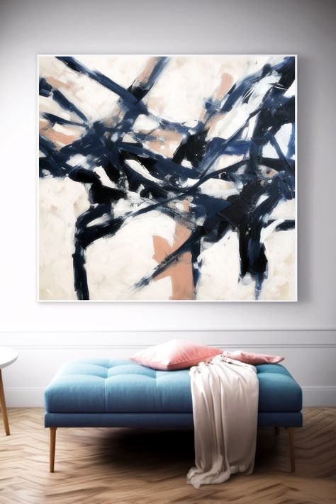 Original handmade acrylic painting featuring bold navy blue brushstrokes on beige background, creating dynamic abstract composition Abstract Acrylic Painting, Soft Beige, Handmade Artwork, Beige Background, Abstract Painting Acrylic, Abstract Acrylic, Blue Abstract, Color Theory, Contemporary Interior