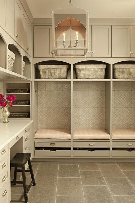 Mudroom with desk.  Love the neutral colors.  #mudrooms homechanneltv.com Transitional Laundry Room, Laundry Room/mud Room, Mudroom Lockers, Basement Laundry Room, Basement Laundry, Game Room Basement, Mudroom Decor, Mudroom Laundry Room, Mudroom Design