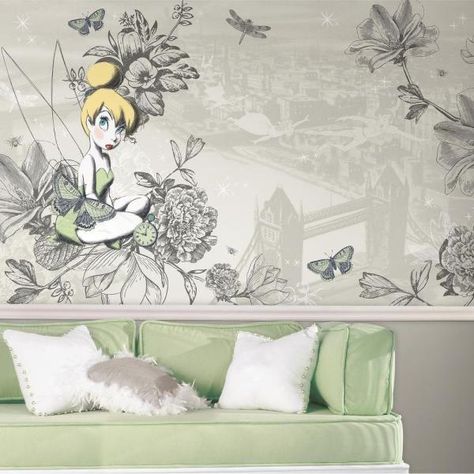 Disney Wall Murals, Tinkerbell Wallpaper, Roommate Decor, Disney Vintage, Disney Wall, Disney Home Decor, Large Chair, Disney Fairies, Chair Rail