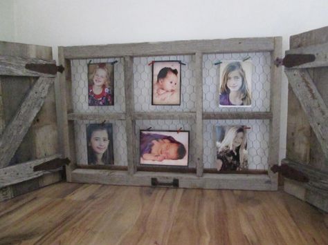 Photo Display Table, Window Frame Picture, Old Window Projects, Rustic Shutters, Picture Frame Hangers, Old Window Frame, Southern Decor, Window Projects, Farmhouse Crafts