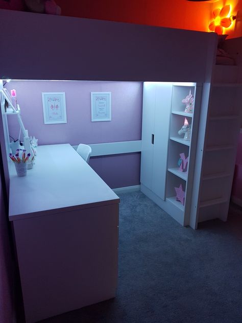 Made into a dressing table under the bed unicorn pink glitter bedroom Pink Loft Bed Bedroom Ideas, Under Bed Ideas, Vanity Under Loft Bed, Smastad Loft Bed, Ikea Stuva Loft Bed, Ikea Stuva Bed, Under Loft Bed Ideas Kids, Girls Loft Bedroom, Stuva Loft Bed