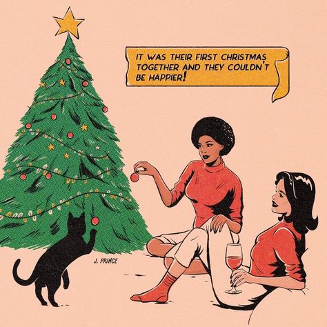 Jenifer Prince, Gay Christmas, Vintage Lesbian, Christmas Art Print, Lesbian Art, Lgbt Art, Queer Art, Merry Christmas Everyone, Vintage Poster Art