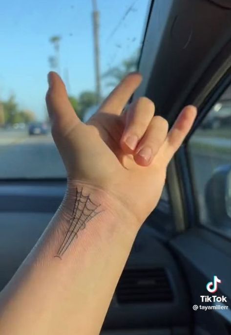 Spider Man Tattoo Aesthetic, Webshooter Tattoo, Spider Man Wrist Tattoo, Girly Spiderman Tattoo, Spiderman Web Shooter Tattoo, Minimalistic Spiderman Tattoo, Spiderman Tattoo Aesthetic, Cool Spiderman Tattoos, Spider Man Web Tattoo