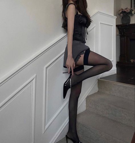 Lace Stockings Outfit, Dark Feminine Outfits, Feminine Outfits, Stockings Outfit, Lace Stockings, Grey Skirt, Dark Feminine, Black Pantyhose, Feminine Aesthetic