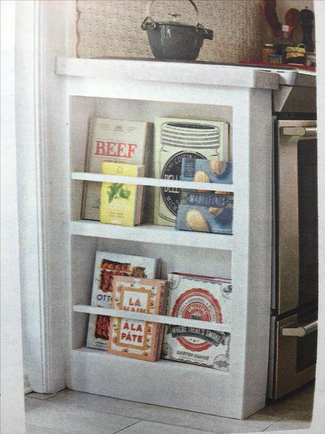 Cookbook rack at the end of a counter. Love! Shelf In Kitchen, Kitchen Island Ends, Small Kitchen Counter, Kitchen Bookshelf, Cookbook Storage, Cookbook Shelf, Counter Island, Slim Bookcase, Kitchen Cabinet Shelves