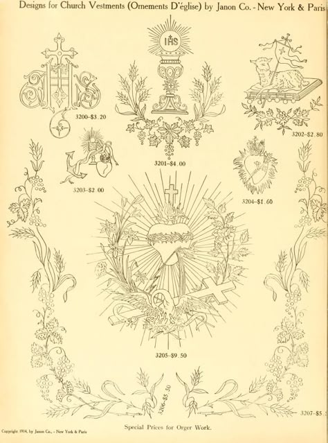 Embroidery Patterns Easy, Catholic Tattoos, Catholic Symbols, Religious Embroidery, Catholic Crafts, Christian Symbols, Gold Work, Catholic Art, Old Book