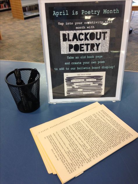 School Library Month Activities, National Poetry Month Library Display, Poetry Library Display, Book Event Ideas, Library Events Ideas, Bookstore Event Ideas, April Library Displays, Poetry Month Library Display, Teen Library Programs