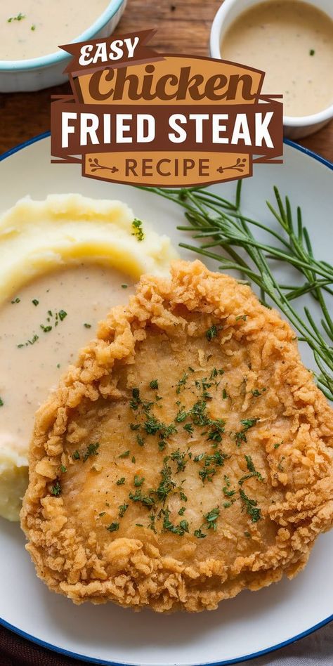 Learn how to make a tender, crispy Easy Chicken Fried Steak Recipe with our step-by-step guide. Perfect Southern comfort food served with creamy gravy and mashed potatoes Chicken Fried Steak Recipe Easy, Easy Chicken Fried Steak, Chicken Fried Steak Easy, Chicken Fried Steak Recipe, Fried Steak Recipes, Easy Steak Recipes, Fried Steak, Southern Comfort Food, Chicken Fried Steak