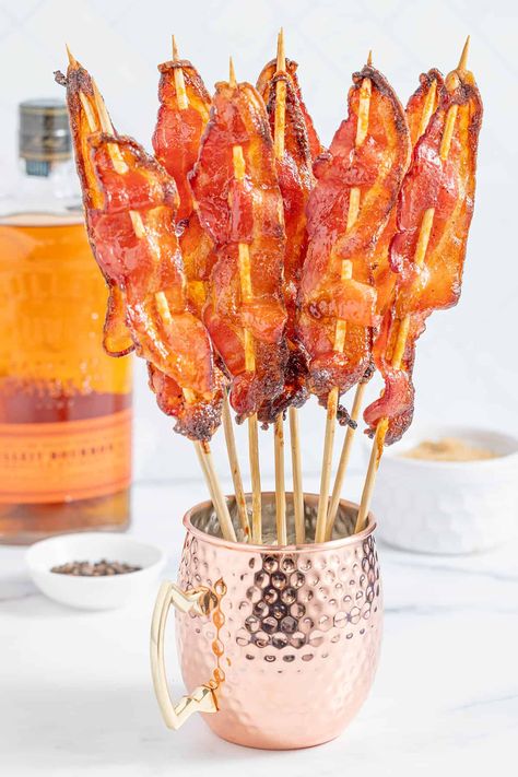 These Brown Sugar Bourbon Candied Bacon Skewers are slathered with a brown sugar bourbon glaze and caramelized for a sweet and savory treat. Bacon Jam Crostini, Brown Sugar Bourbon Glaze, Bacon Skewers, Bourbon Bacon Jam, Savory Brunch Recipes, Toasted Crostini, Delicious Holiday Desserts, Brown Sugar Bacon, Bourbon Glaze