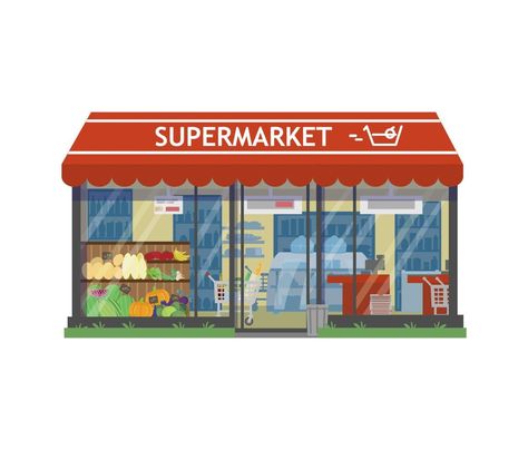 Super Market Drawing, Supermarket Drawing, Shopping Cart Illustration, Building Front View, Supermarket Illustration, Supermarket Building, City Miniature, Shop Exterior, Drawing Template