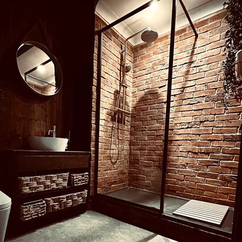 Brick Tiles Bathroom, Bathroom Inspo Interior Design, Brick Slip, Brick Bathroom, Bathroom Loft, Brick Slips, Rustic Fashion, Brick Look Tile, Brick Paneling