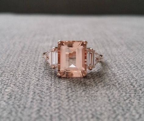 Upgraded Peach Morganite and Diamond Engagement Ring Emerald - Etsy Canada Engagement Ring Emerald, Pink Engagement Ring, Emerald Cut Diamond Engagement Ring, Peach Morganite, Morganite Diamond, London Ontario, Emerald Engagement Ring Cut, Ringe Gold, Ladies Ring