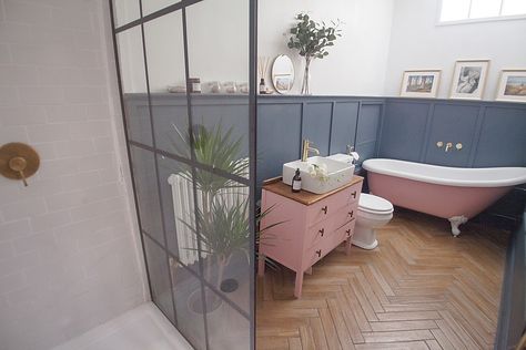 Pink Bathroom Ideas Decor, Little Greene Paint Colours, Bathroom Decor Pink, Pink Bathroom Ideas, Grey Bathroom Interior, Bathroom Upstairs, Bathroom Paneling, Gold Taps, New House Bathroom