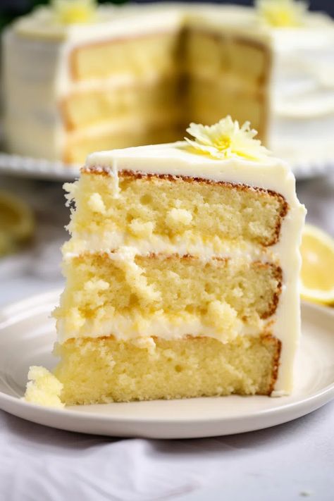 Lemon Velvet Cake with Cream Cheese Frosting - That Oven Feelin Lemon Velvet Cake, Lemon Layer Cakes, A Slice Of Cake, Lemon Cream Cheese Frosting, Slice Of Cake, Lemon Cake Recipe, Lemon Dessert Recipes, Lemon Desserts, Cake With Cream Cheese