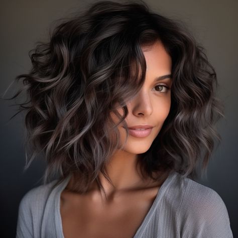 40 Gorgeous Ideas of Gray Blending for Dark Hair Grey Hair Color Curly, Dark Hair With Silver Balayage, Blend Grays On Dark Hair, Dark Hair Over 40, Medium Hair Styles For Wavy Hair, Dark Hair Styles Medium, Gray Blending Hair Dark Brown Curly, Dark Hair Gray Blending, How To Hide Grays In Dark Hair