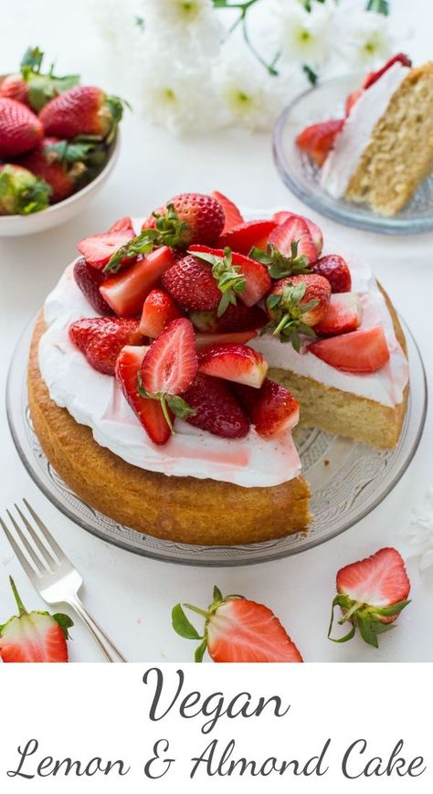 Vegan lemon almond cake with coconut whipped cream and macerated strawberries - a light, moist vegan lemon and almond cake topped with a cloud of coconut whipped cream and sweet macerated strawberries. The perfect cake for Spring! #vegan #baking #cake Vegan Lemon Almond Cake, Vegan Spring Dessert, Lemon Almond Cake, Macerated Strawberries, Dreamy Desserts, Cake With Coconut, Sweet Bites, Raspberry Recipes, Vegan Cakes