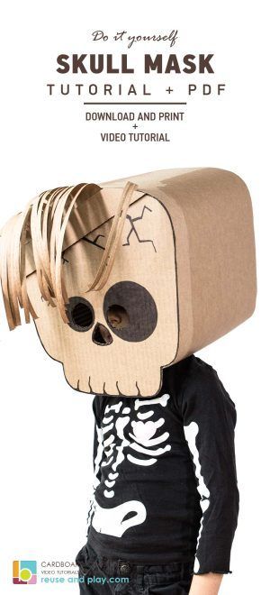 A step-by-step DIY tutorial showcasing the creation of a Halloween Skull Mask out of cardboard with a free printable template Cardboard Skull Template, Diy Cardboard Halloween Costumes, Diy Halloween Masks For Adults, Cardboard Mask Template Free Printable, Skull Template Printables, Skeleton Mask Diy, Cardboard Skull Mask, Cardboard Costumes Diy, Cardboard Mask Diy