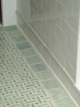 Tile Baseboard, Beautiful Tile Floor, Basket Weave Tile, White Subway Tiles, Tile Inspiration, Tile Trim, Upstairs Bathrooms, Green Tile, Mosaic Flooring