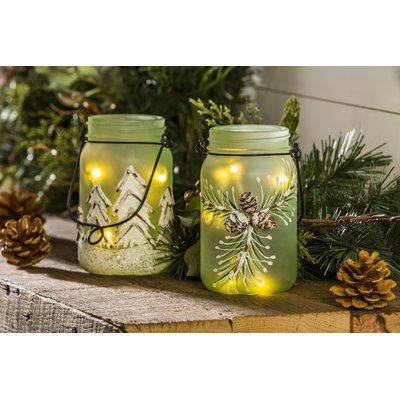 Charlton Home Glass Serene Forest Mason Jar Set Diy Christmas Accessories, Mason Jars Decor, Inexpensive Diy Christmas Gifts, Easy Mason Jar Crafts Diy, Jars Decor, Easy Mason Jar Crafts, Christmas Mason Jars Diy, Mason Jar Christmas, Glass Block Crafts