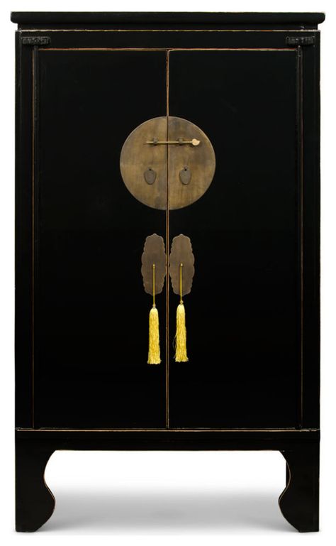 Distressed Matte Black Ming Chinese Wedding Cabinet with Yellow Tassels - Asian - Armoires And Wardrobes - by China Furniture and Arts | Houzz Chinese Wedding Cabinet, Chinese Cocktail Cabinet, Chinese Bar Cabinet, Chinese Wardrobe Cabinets, Asian Cabinet, Wedding Cabinet, Chinese Brass Hardware, Chinese Cabinet, Wardrobe Sale