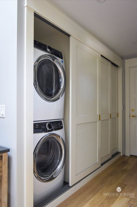 An efficient little hallway laundry station that can be discretely tucked behind sliding doors was the perfect design solution in our recent renovation of a small beach house where the laundry appliances were (EEK) in the garage! Small Beach House, Laundry Station, Cozy Beach House, Hallway Laundry, Small Beach Houses, Laundry Room Inspiration, Laundry Appliances, Laundry Room Design, The Garage