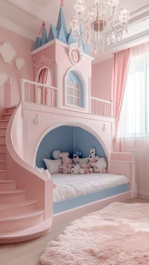 Princess-castle loft bed in pastel pink and blue, cozy decor, chandelier, fluffy rug, and charming girl’s room design. Princess Bedroom Ideas For Kids, Princess Bedroom Ideas Toddler, Mountain Lodge Bedroom, Bunk Bed Girls Room, Princess Room Ideas, Dream Room Ideas, Princess Bedroom Ideas, Princess Kids Room, Princess Castle Bed