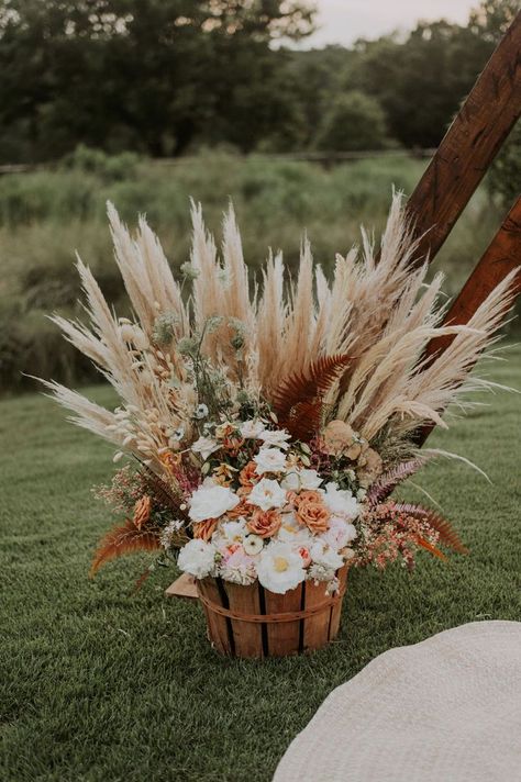 Terracotta Vs Rust Wedding, Pampas Grass Fall Wedding Centerpieces, Bohemian Fall Wedding Flowers, Boho Terracotta Wedding Ceremony Decor, June Rustic Wedding, Rustic Tent Wedding Reception, Country Boho Wedding Decor, Tan And Rust Wedding, Boho Isle Wedding Decor