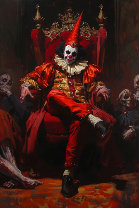 an evil medieval jester sitting on a red theatrical throne, looking powerful, surrounded by dead aristocrats, in the style of classical oil painting Jester Wallpaper, Jester Painting, Creepy Jester, Scary Jester, Dark Jester, Jester Art, Medieval Jester, Skull Clown, Evil Jester