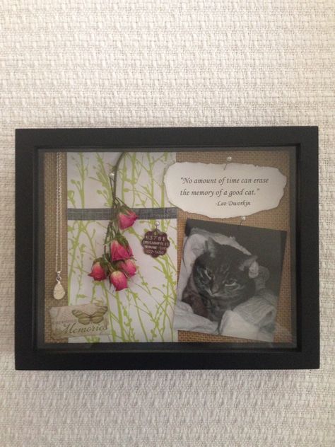 Cat memorial shadow box I made after losing my companion of 14 years. I included a locket necklace which holds his ashes. Shadow Box Pet Memorial Cats, Cat Shadow Box Memorial, Cat Memorial Shadow Box Ideas, Preserving Roses, Fur Quotes, Kitty Memorial, Cat Memorial Ideas, Pet Memorial Diy, Dog Shadow Box