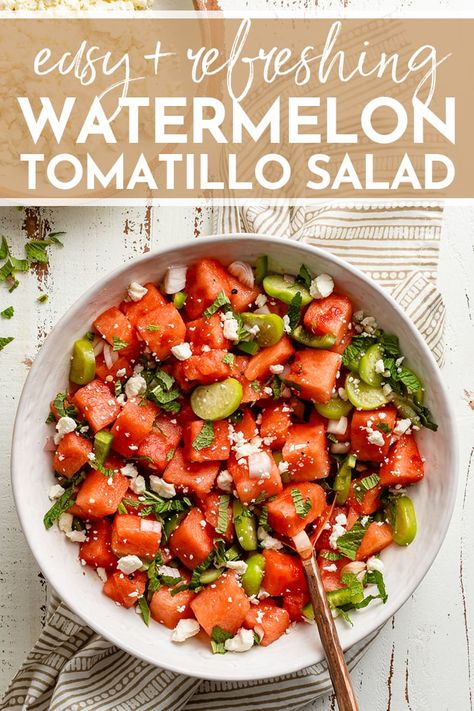 One bite and you'll be hooked on this salty-sweet Watermelon Tomatillo Salad loaded with jalapeño, an easy lime dressing, and creamy cotija or feta cheese! #watermelon #tomatillo #easysalad Tomatillo Salad, Watermelon Salsa Recipe, Brunch Salad, Tasty Salads, Homemade Dressings, Watermelon Salsa, Honey Chipotle, Vegan Salads, Watermelon And Feta