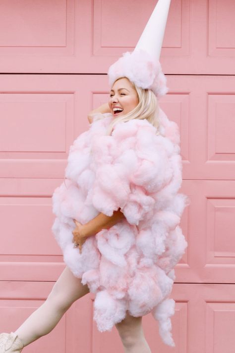 DIY Halloween Costume | Mallory Ervin Diy Cotton Candy Costume Women, Storm Cloud Costume Diy, S'more Halloween Costume, Maškare Kostimi, Cotton Candy Costume Women, Pink Costume Ideas Halloween, Candyland Outfit Women, Candyland Costume Women, Candyland Costume Diy