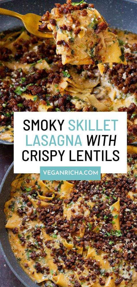 Crispy, smoky lentils on top of lasagna noodles in a creamy sauce make this smoky skillet lasagna totally addictive. And it's ready to eat in less than an hour! Crispy Lentils, Legume Recipes, Skillet Lasagna Recipe, Plant Based Diet Meal Plan, Skillet Lasagna, Gluten Free Lasagna, Lasagna Noodles, Wfpb Recipes, Food Addict