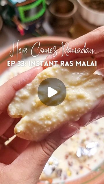 Rafia Mazhar on Instagram: "HERE'S HOW TO MAKE IT ⤵️ ⠀⠀⠀⠀⠀⠀⠀⠀⠀ Here Comes Ramadan Episode 33 - Instant 30 Minute Ras Malai🌙  Recipe 1 cup milk powder ½ tbsp flour 1 tsp baking powder ½ tsp elachi powder 1 tbsp ghee melted 1 egg beaten  1 liter milk ½ cup sugar Few strands saffron Few drops kewra essence  Crushed pistachio Crushed almonds Silver leaf for garnish  • Combine all the ingredients for the dough. Add the egg little by little and make a soft dough (you will probably need to add the entire egg) • The dough should not be stiff or have cracks. It should be pliable & shiny • With oily hands & a tbsp make 7 to 8 balls and flatten them by hand. Set aside • In a pan add the milk, sugar, saffron & kewra. Heat till the sugar has dissolved • Lower the flame & add all the balls. Cover & coo Milk Powder Rasmalai Recipe, Ras Malai Recipe, Malai Recipe, Ras Malai, Middle Eastern Dishes, Indian Desserts, Indian Sweets, Milk Powder, 1 Egg